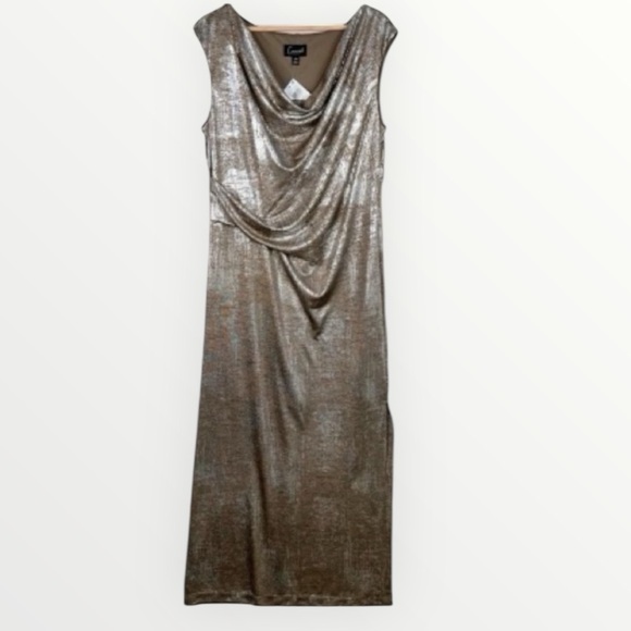 Connected Apparel Metallic Silver Cowl Neck Maxi Length Sleeveless Dress Sz 14W - Picture 1 of 12